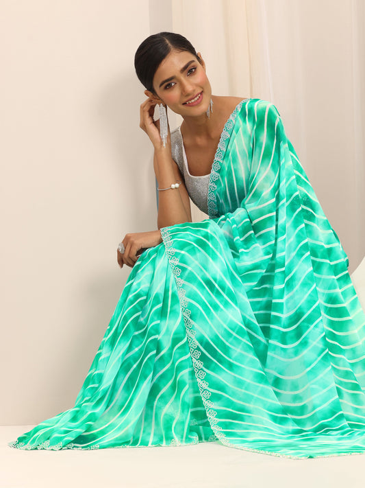 Green Leheriya Printed Georgette Saree With Unstitched Blouse Piece