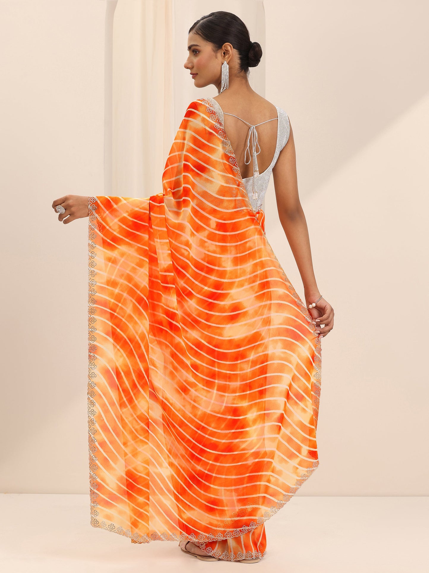 Orange Leheriya Printed Georgette Saree With Unstitched Blouse Piece