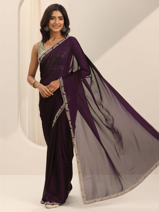 Burgundy Solid Satin Saree With Unstitched Blouse Piece