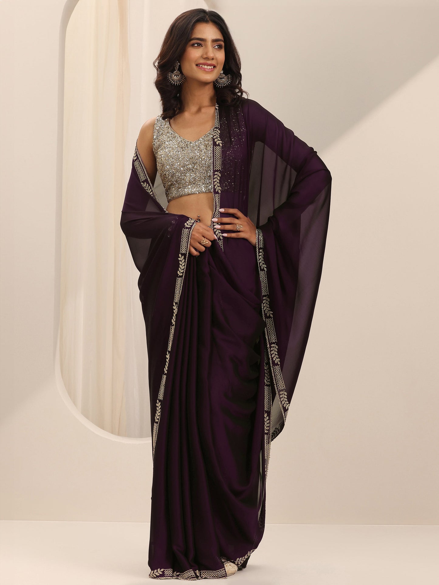 Burgundy Solid Satin Saree With Unstitched Blouse Piece