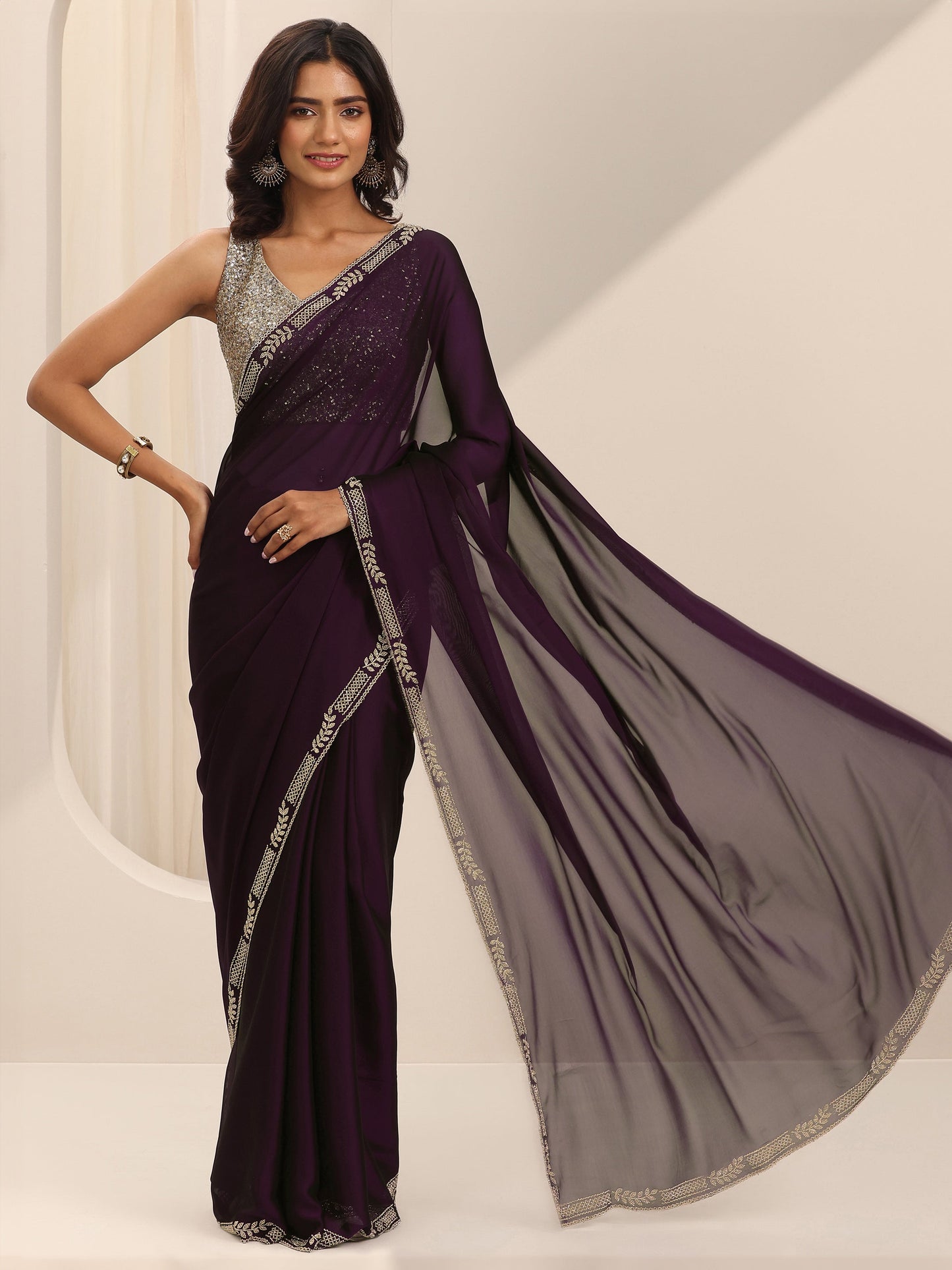 Burgundy Solid Satin Saree With Unstitched Blouse Piece