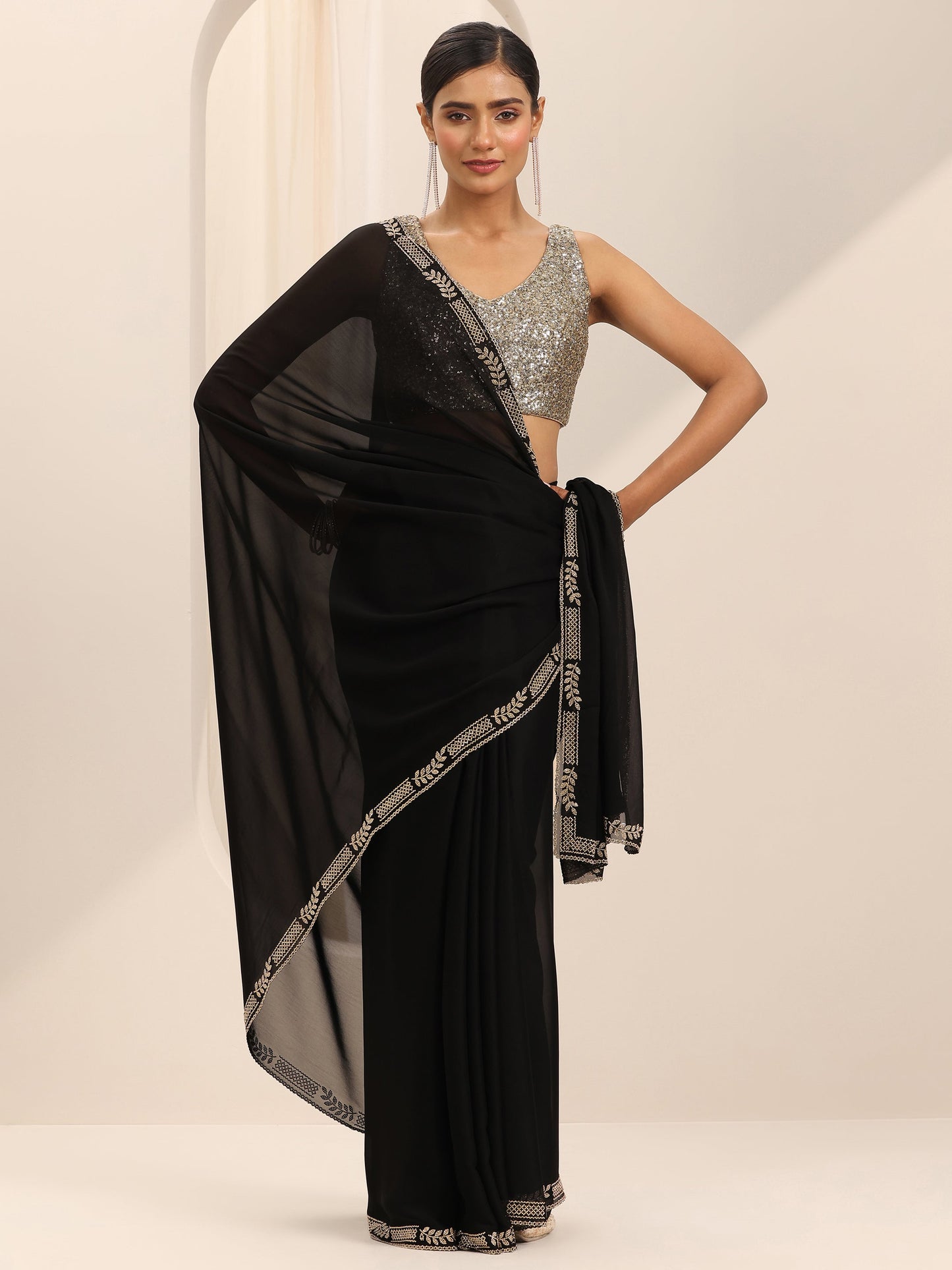 Black Solid Satin Saree With Unstitched Blouse Piece