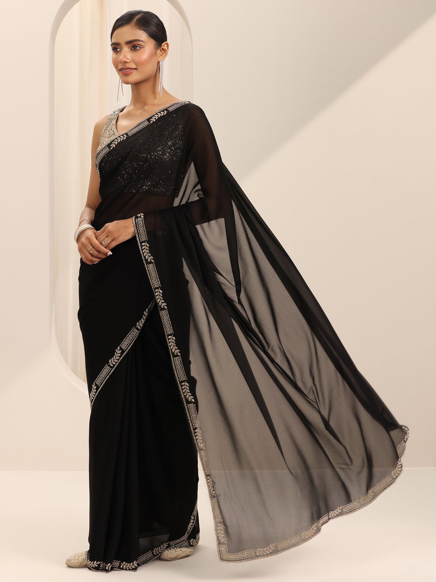 Black Solid Satin Saree With Unstitched Blouse Piece