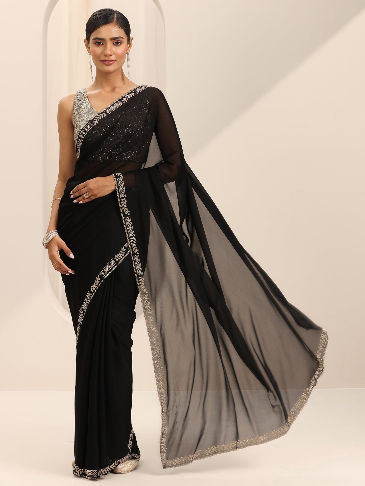 Black Solid Satin Saree With Unstitched Blouse Piece