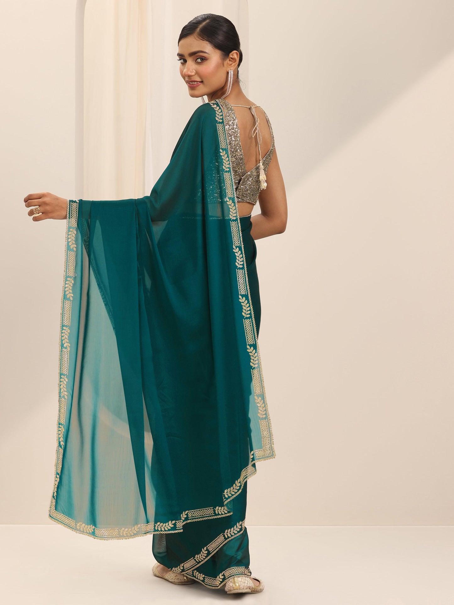 Teal Solid Jimmy Choo Satin Saree With Unstitched Blouse Piece