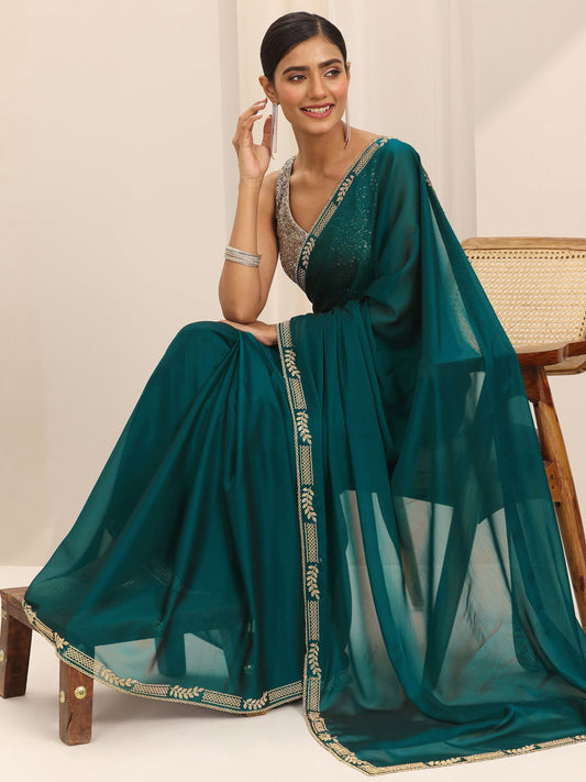 Teal Solid Jimmy Choo Satin Saree With Unstitched Blouse Piece