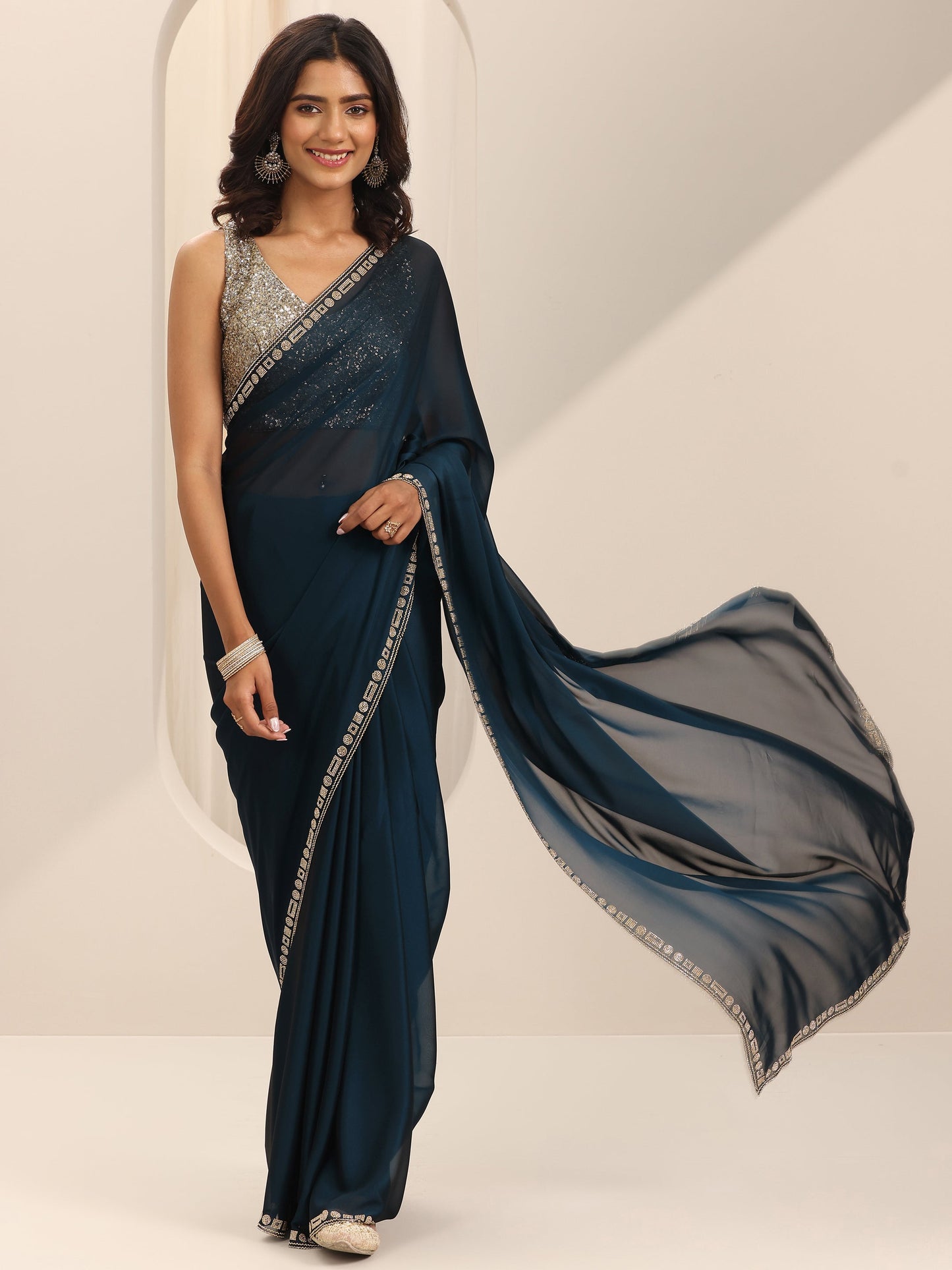 Navy Blue Solid Satin Saree With Unstitched Blouse Piece