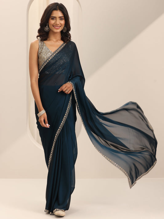 Navy Blue Solid Satin Saree With Unstitched Blouse Piece