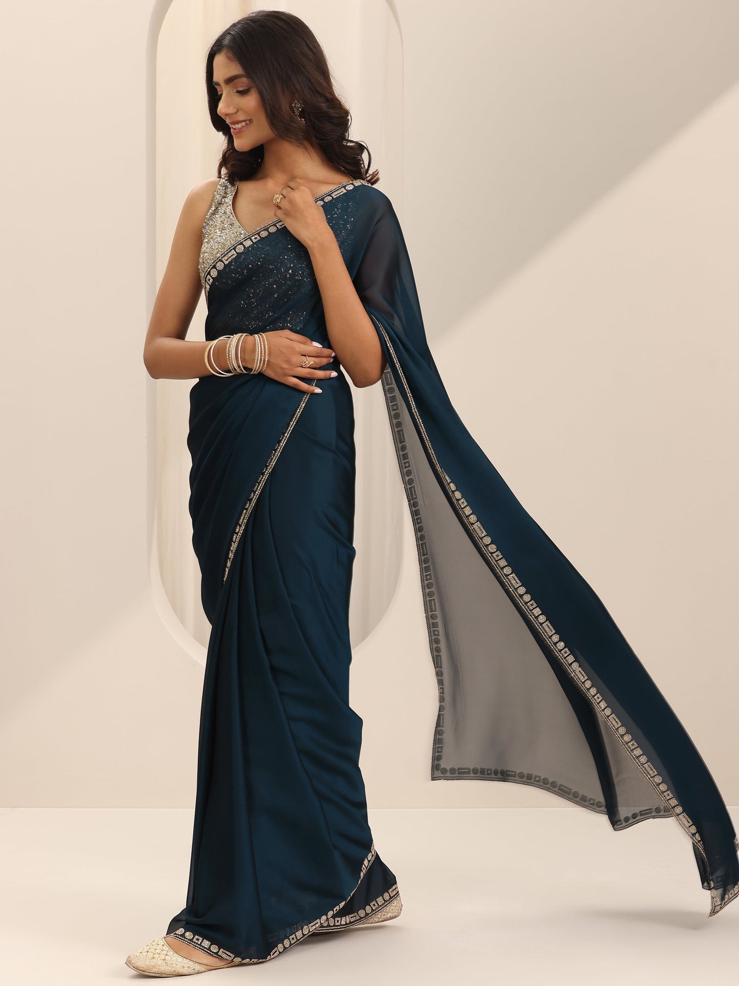 Navy Blue Solid Satin Saree With Unstitched Blouse Piece