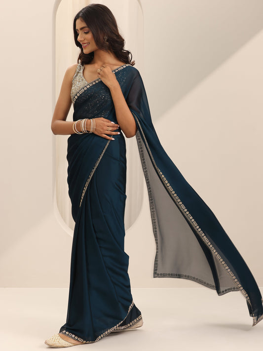Navy Blue Solid Satin Saree With Unstitched Blouse Piece