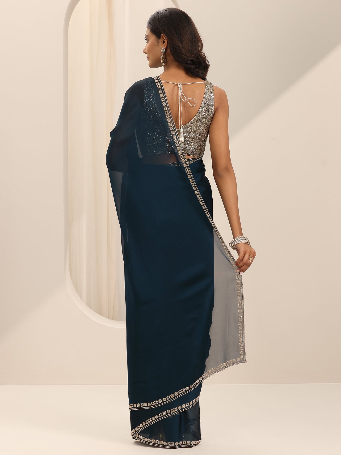 Navy Blue Solid Satin Saree With Unstitched Blouse Piece