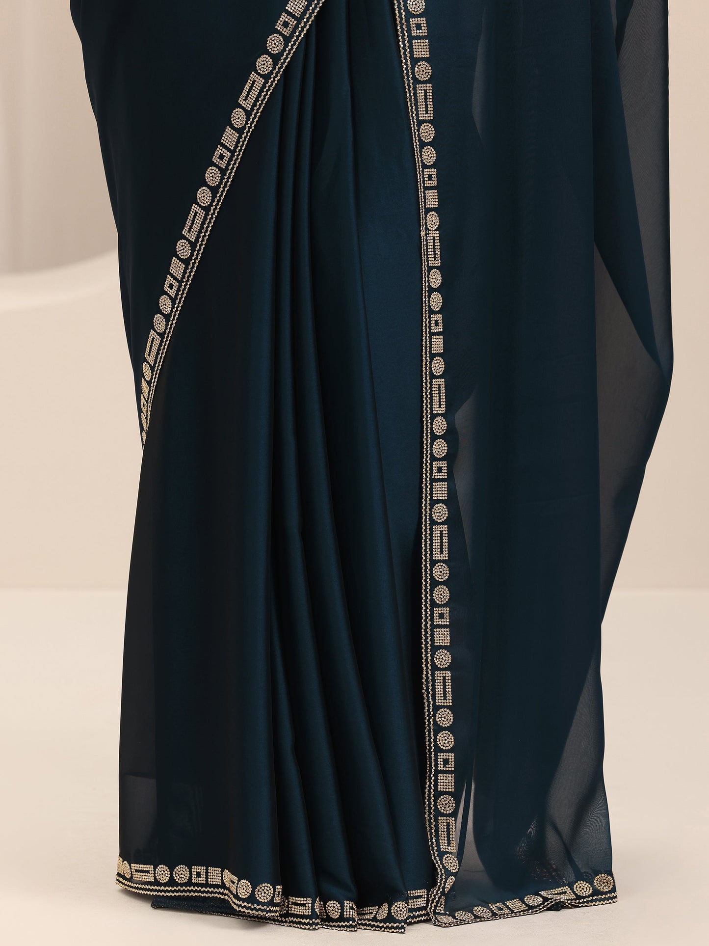 Navy Blue Solid Satin Saree With Unstitched Blouse Piece