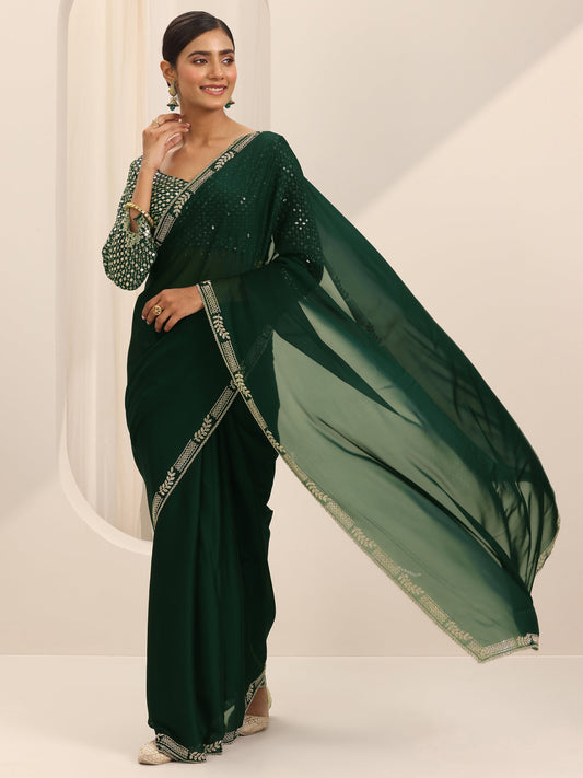 Green Solid Satin Saree With Unstitched Blouse Piece