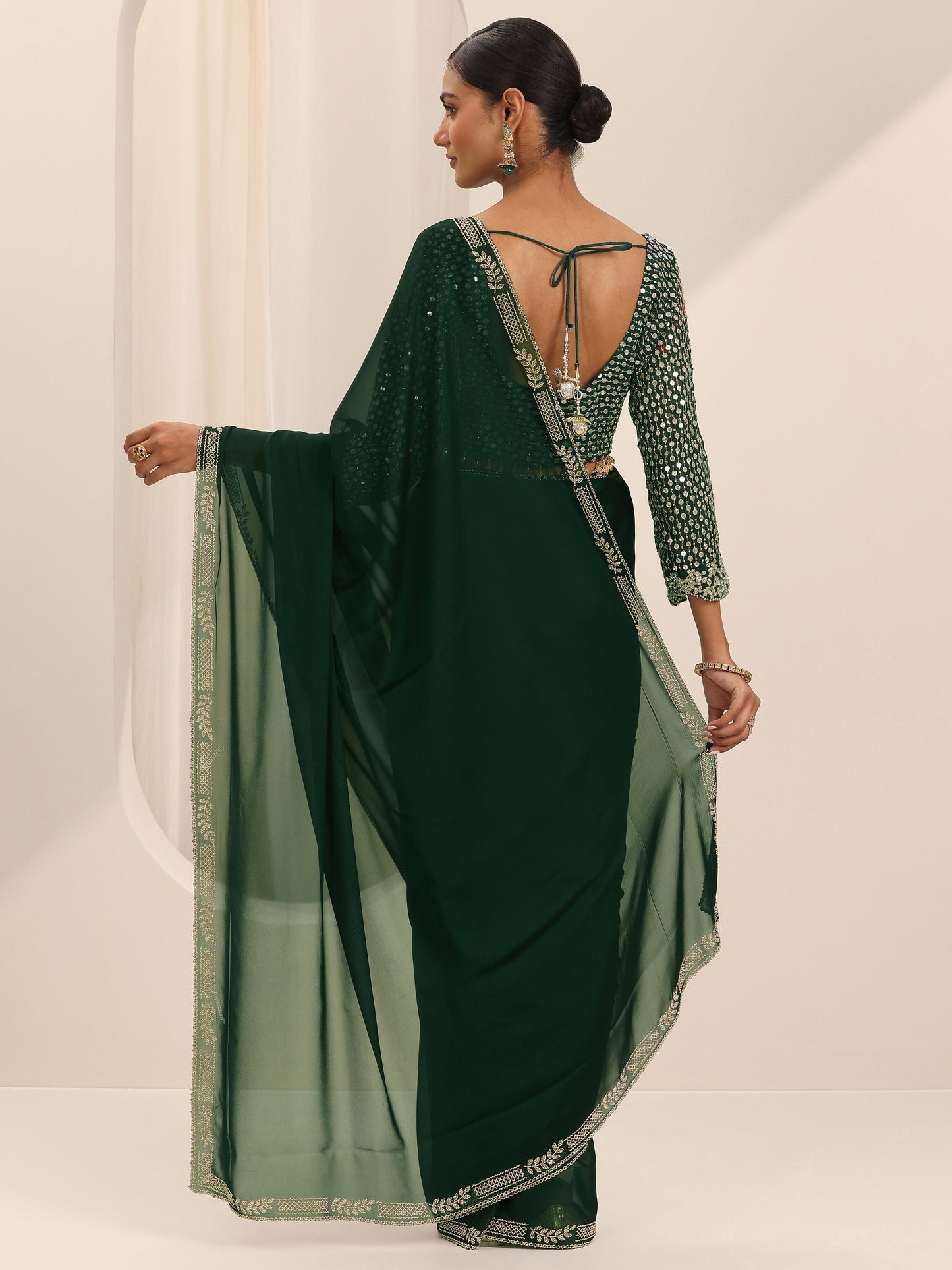 Green Solid Satin Saree With Unstitched Blouse Piece