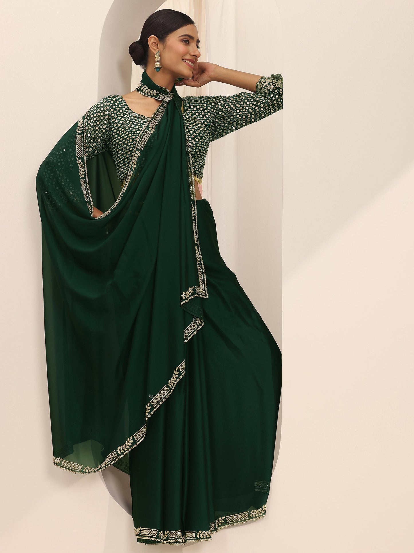 Green Solid Satin Saree With Unstitched Blouse Piece
