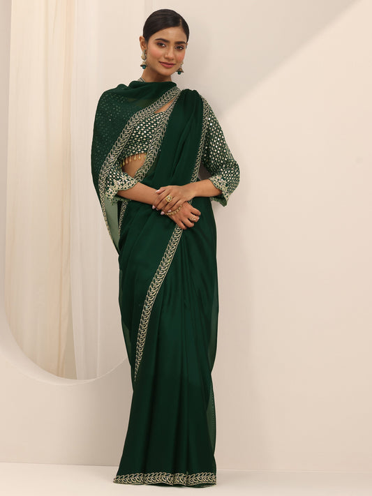 Green Solid Jimmy Choo Satin Saree With Unstitched Blouse Piece