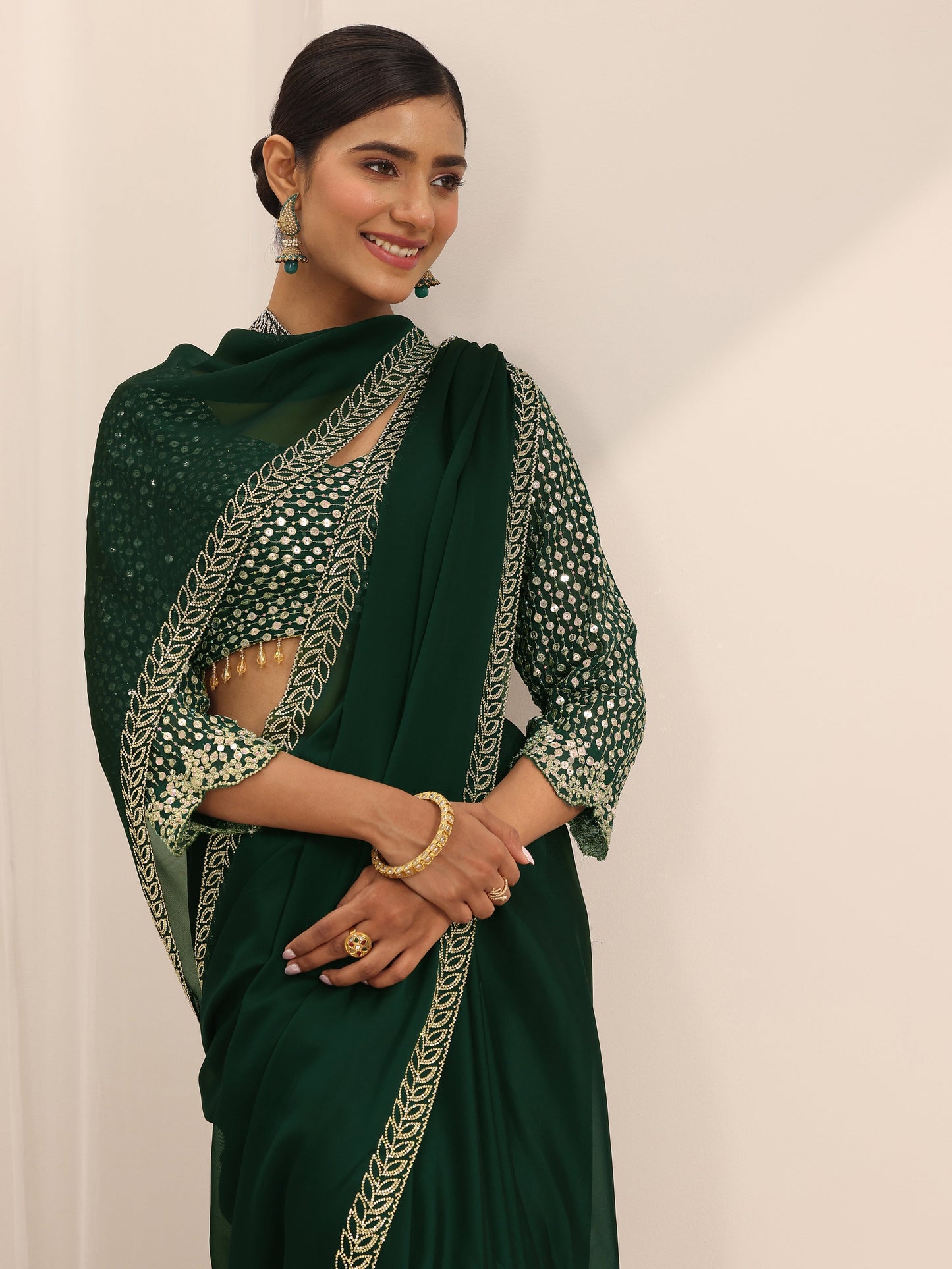 Green Solid Jimmy Choo Satin Saree With Unstitched Blouse Piece
