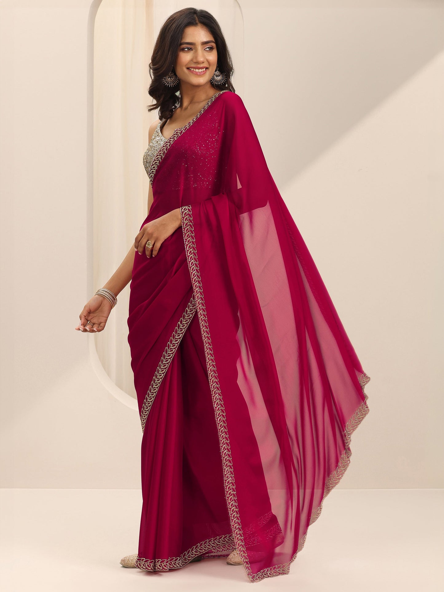 Red Solid Satin Saree With Unstitched Blouse Piece