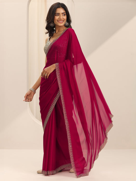 Red Solid Satin Saree With Unstitched Blouse Piece
