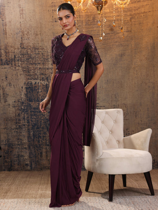 Libas Art Burgundy Solid Nylon Ready to Wear Saree