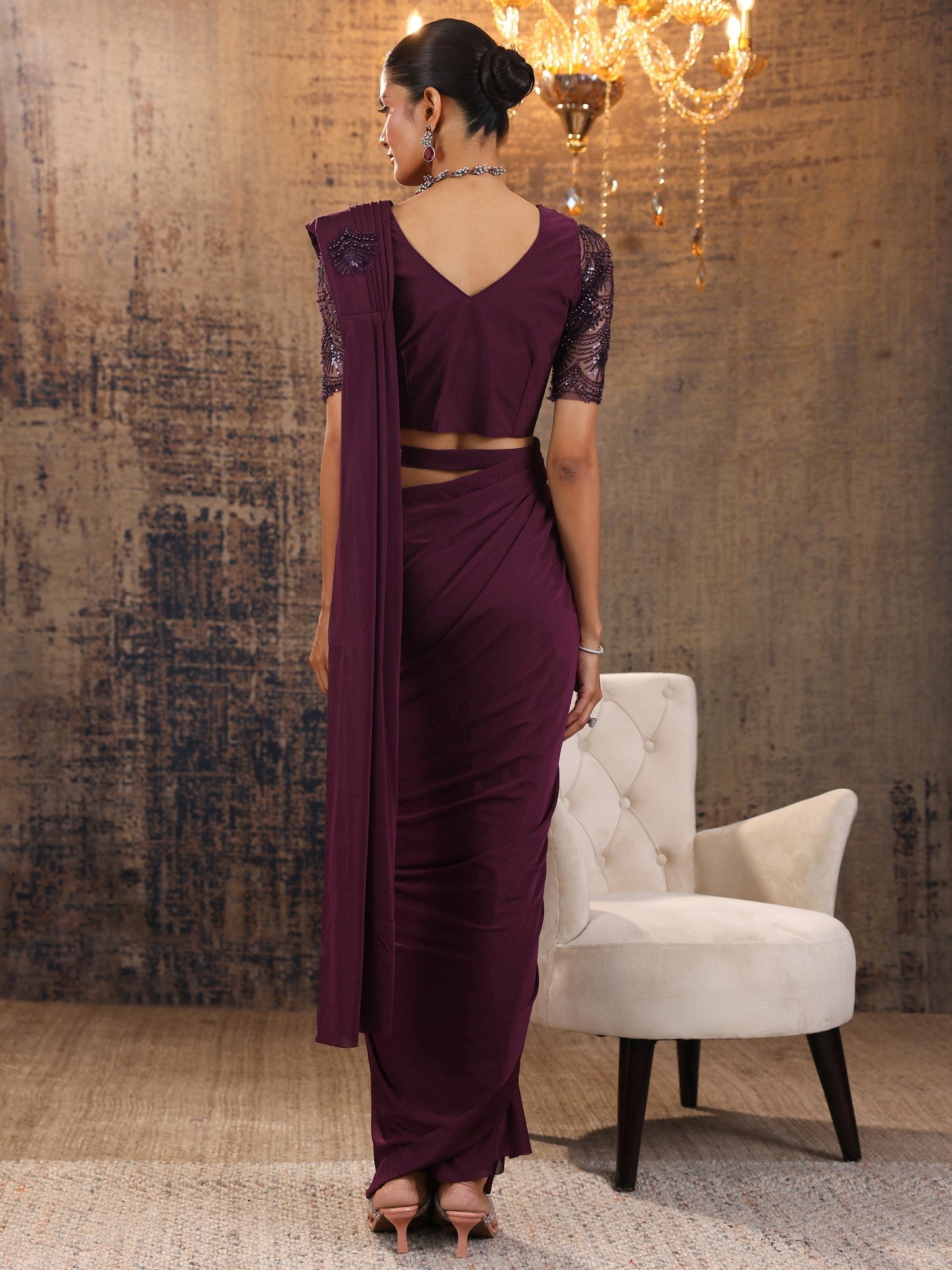 Libas Art Burgundy Solid Nylon Ready to Wear Saree