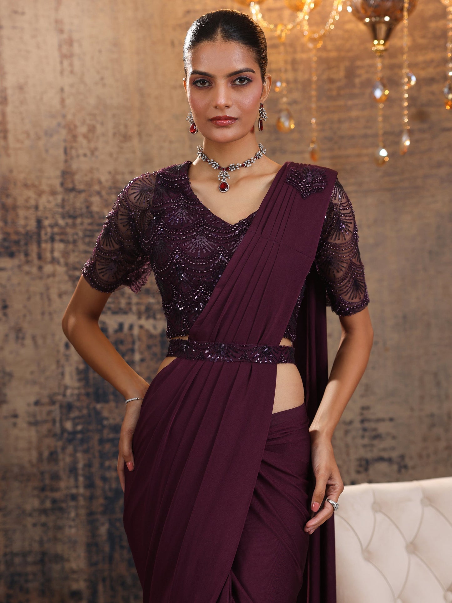 Libas Art Burgundy Solid Nylon Ready to Wear Saree