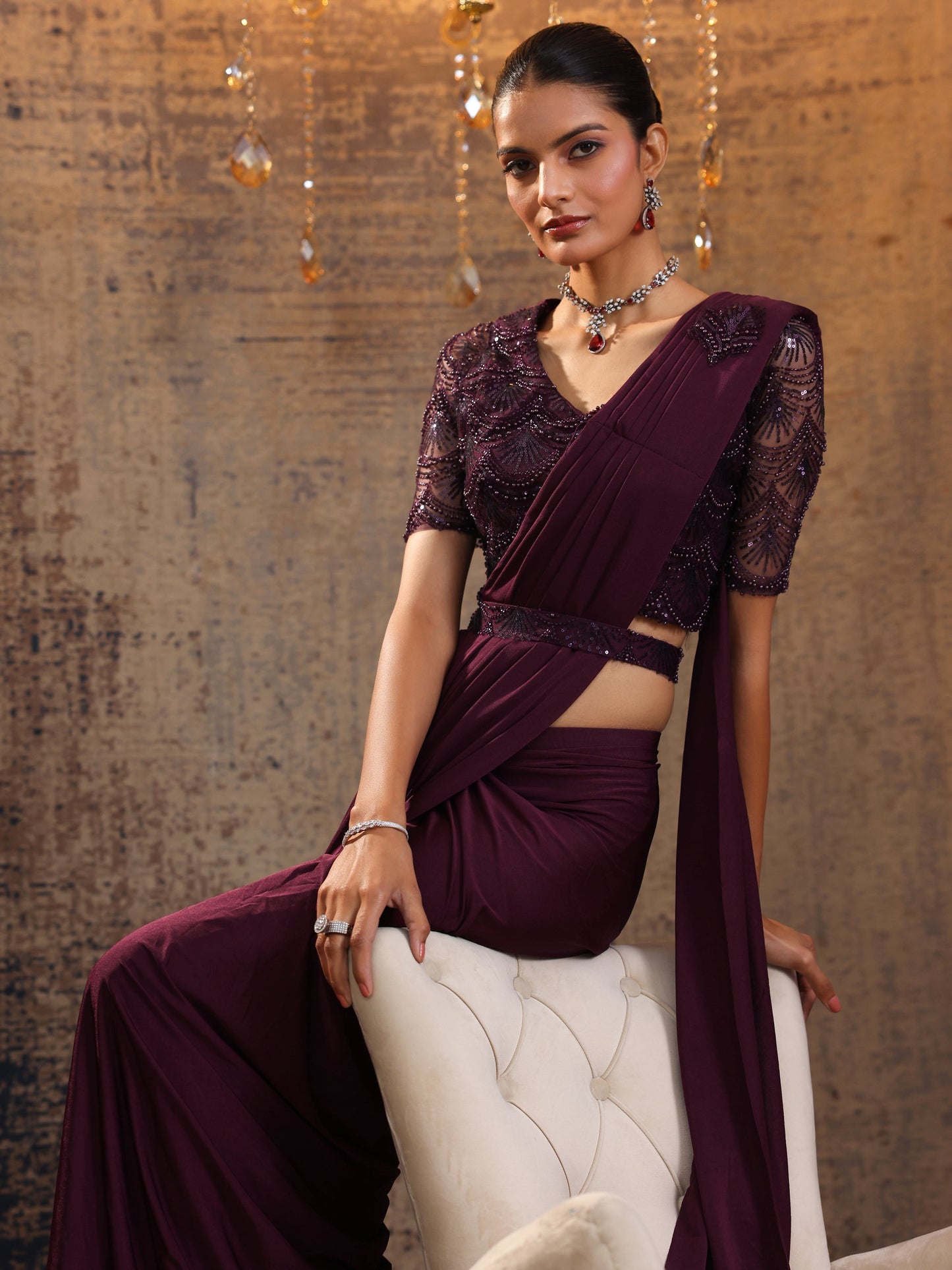 Libas Art Burgundy Solid Nylon Ready to Wear Saree