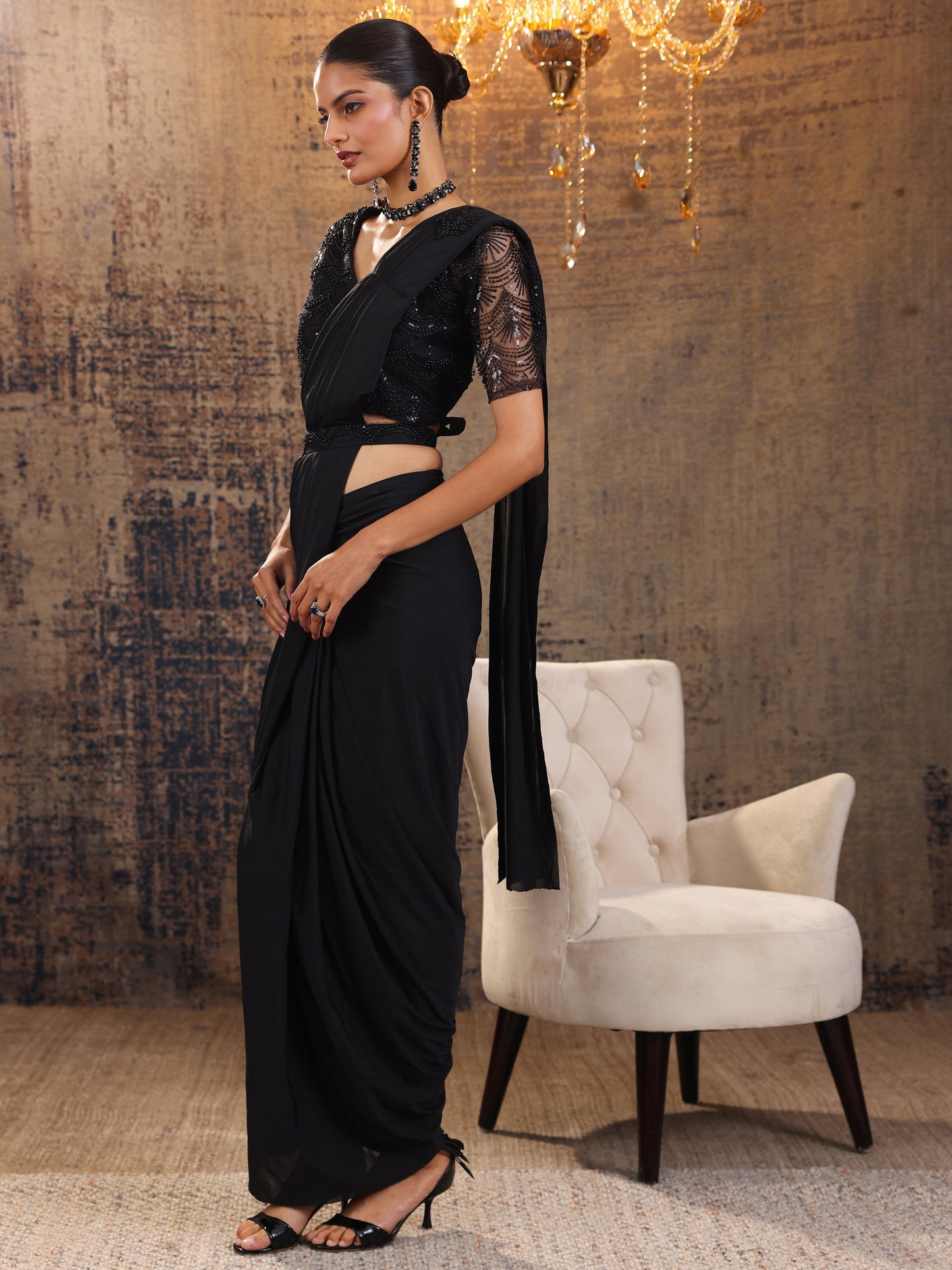 Libas Art Black Solid Nylon With Ready to Wear Saree
