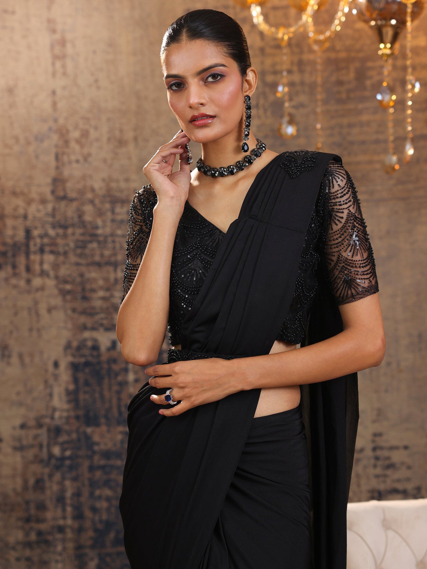 Libas Art Black Solid Nylon With Ready to Wear Saree
