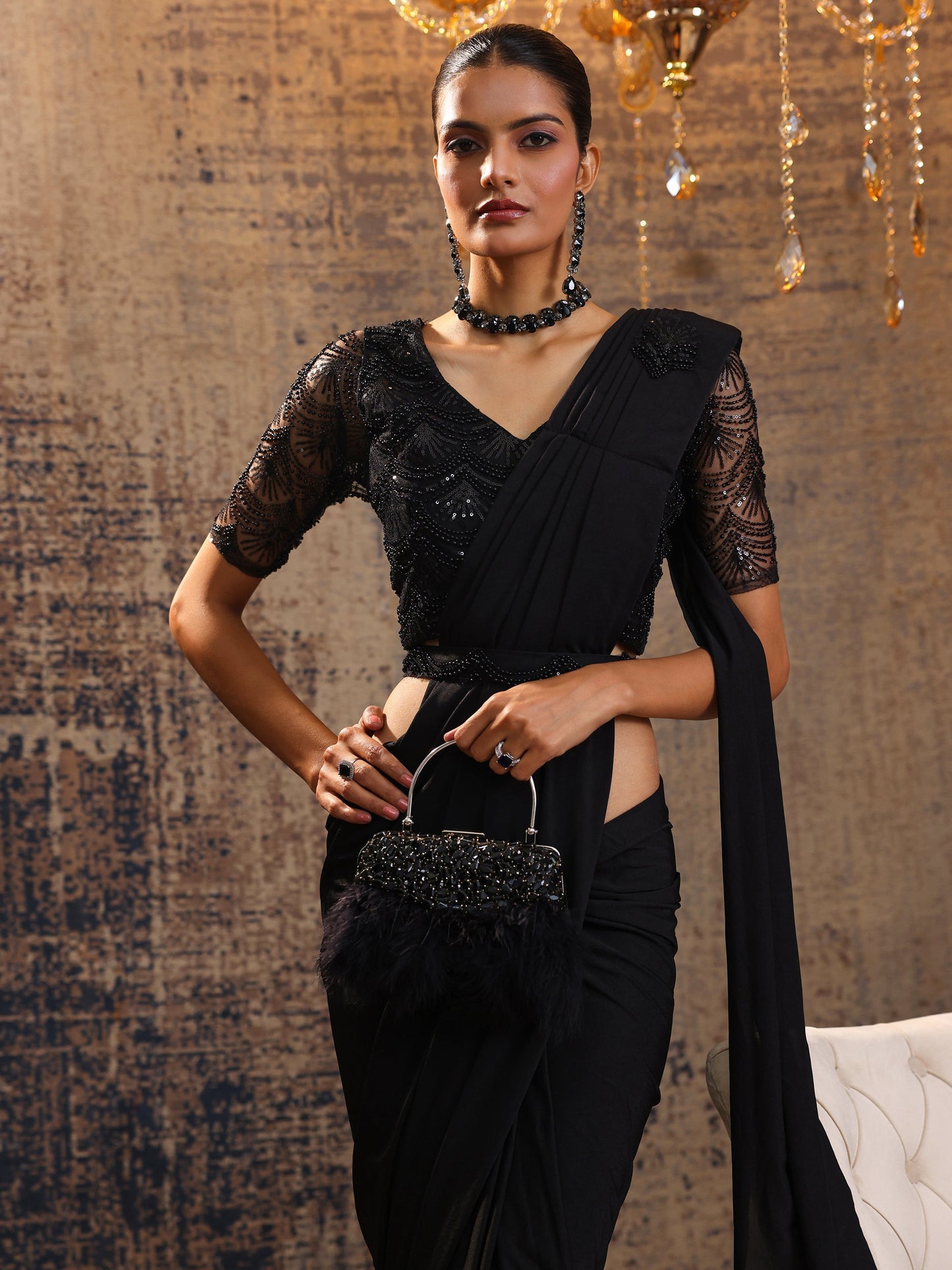 Libas Art Black Solid Nylon With Ready to Wear Saree