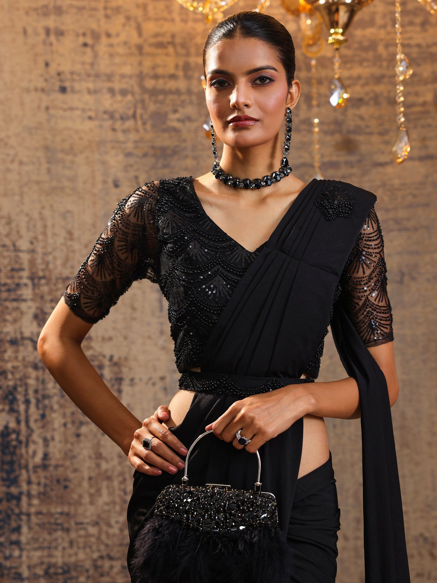 Libas Art Black Solid Nylon With Ready to Wear Saree