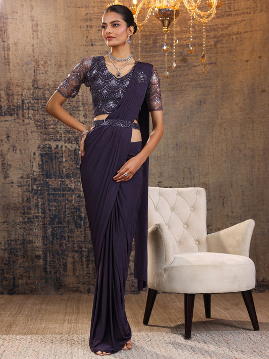 Libas Art Purple Solid Nylon Ready to Wear Saree