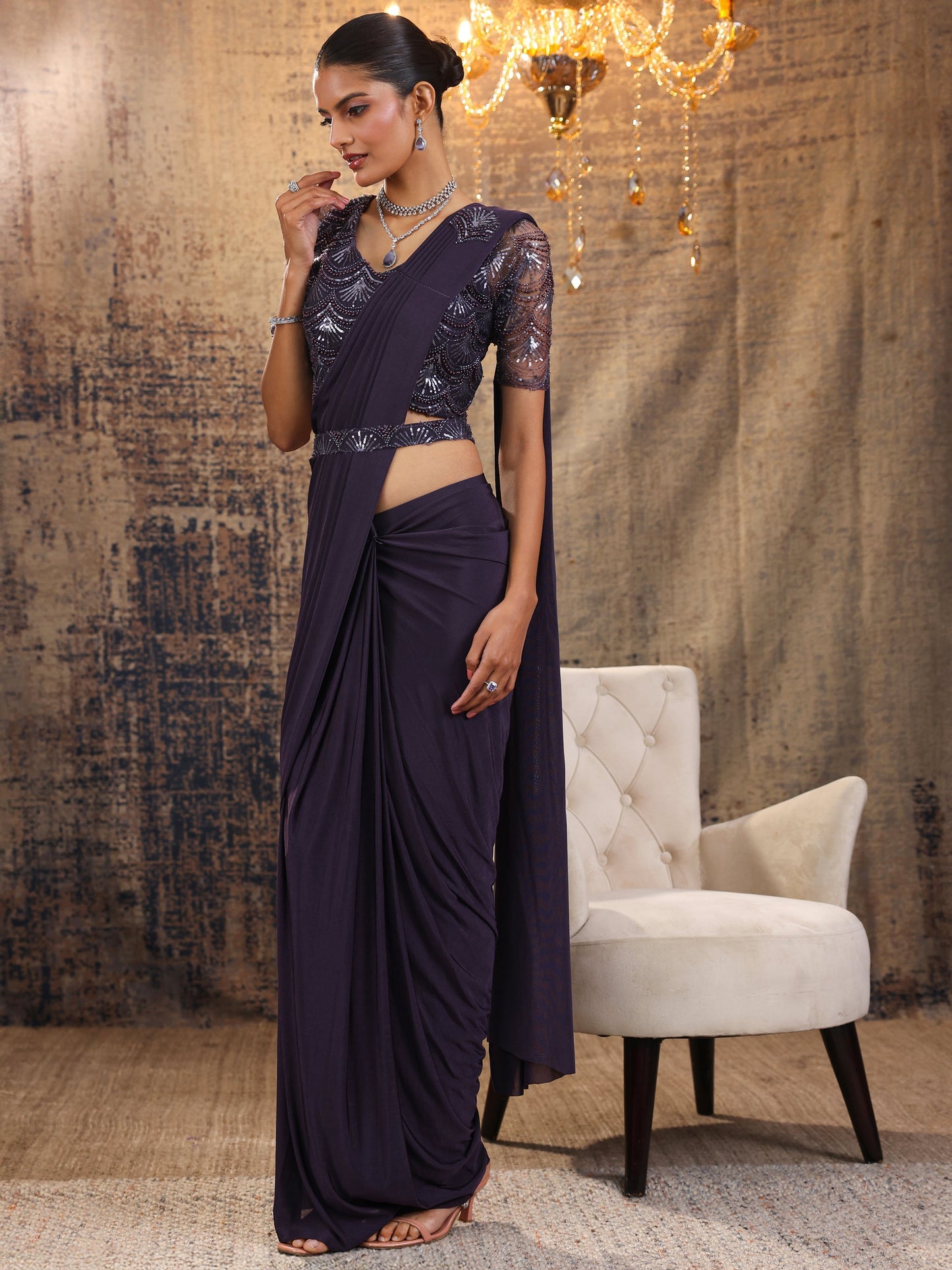 Libas Art Purple Solid Nylon Ready to Wear Saree