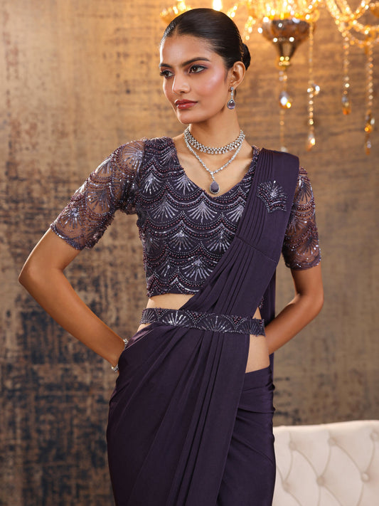 Libas Art Purple Solid Nylon Ready to Wear Saree