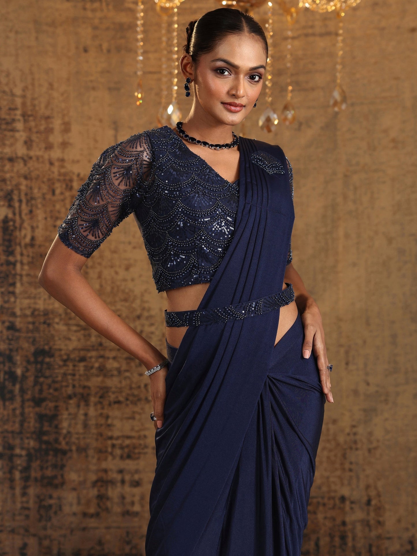 Libas Art Navy Blue Embellished Nylon Ready to Wear Saree