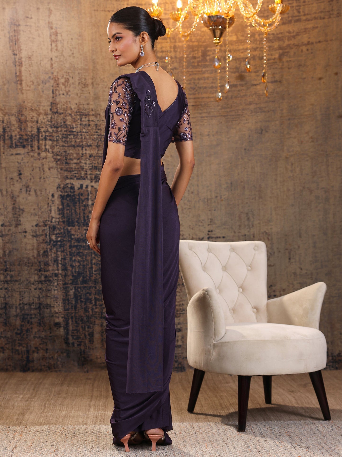 Libas Art Purple Printed Nylon Ready to Wear Saree