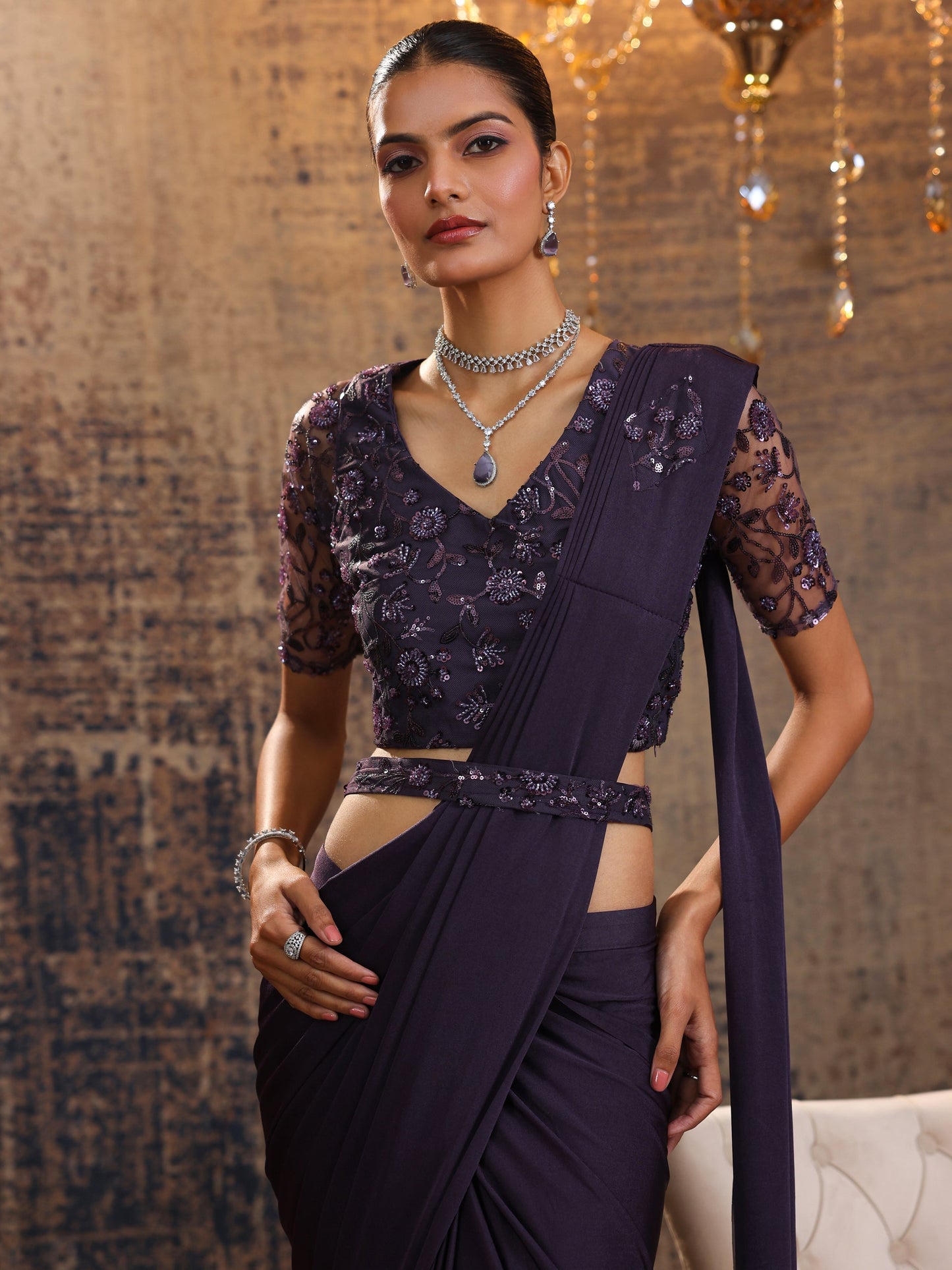 Libas Art Purple Printed Nylon Ready to Wear Saree