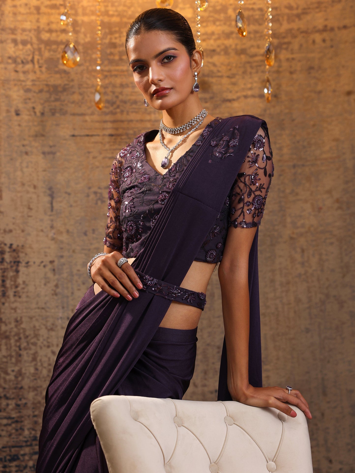 Libas Art Purple Printed Nylon Ready to Wear Saree