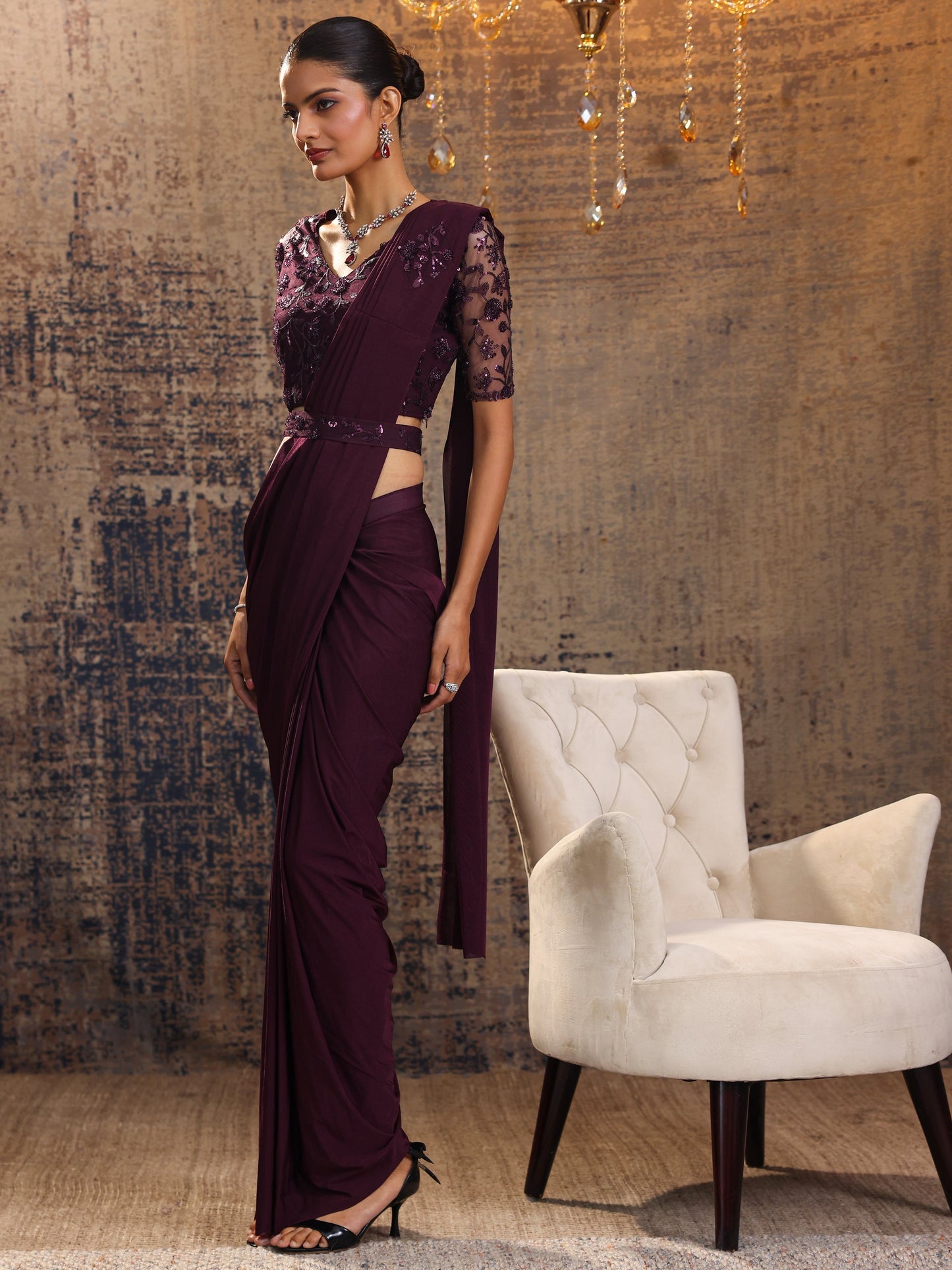 Libas Art Burgundy Embellished Nylon Ready to Wear Saree