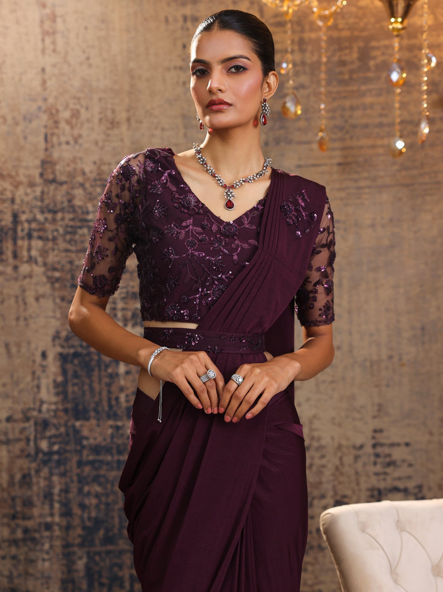 Libas Art Burgundy Embellished Nylon Ready to Wear Saree