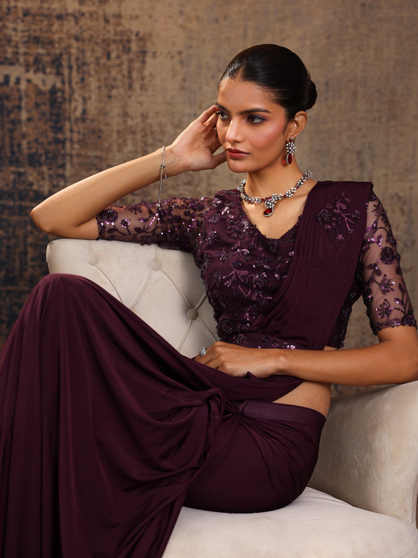 Libas Art Burgundy Embellished Nylon Ready to Wear Saree