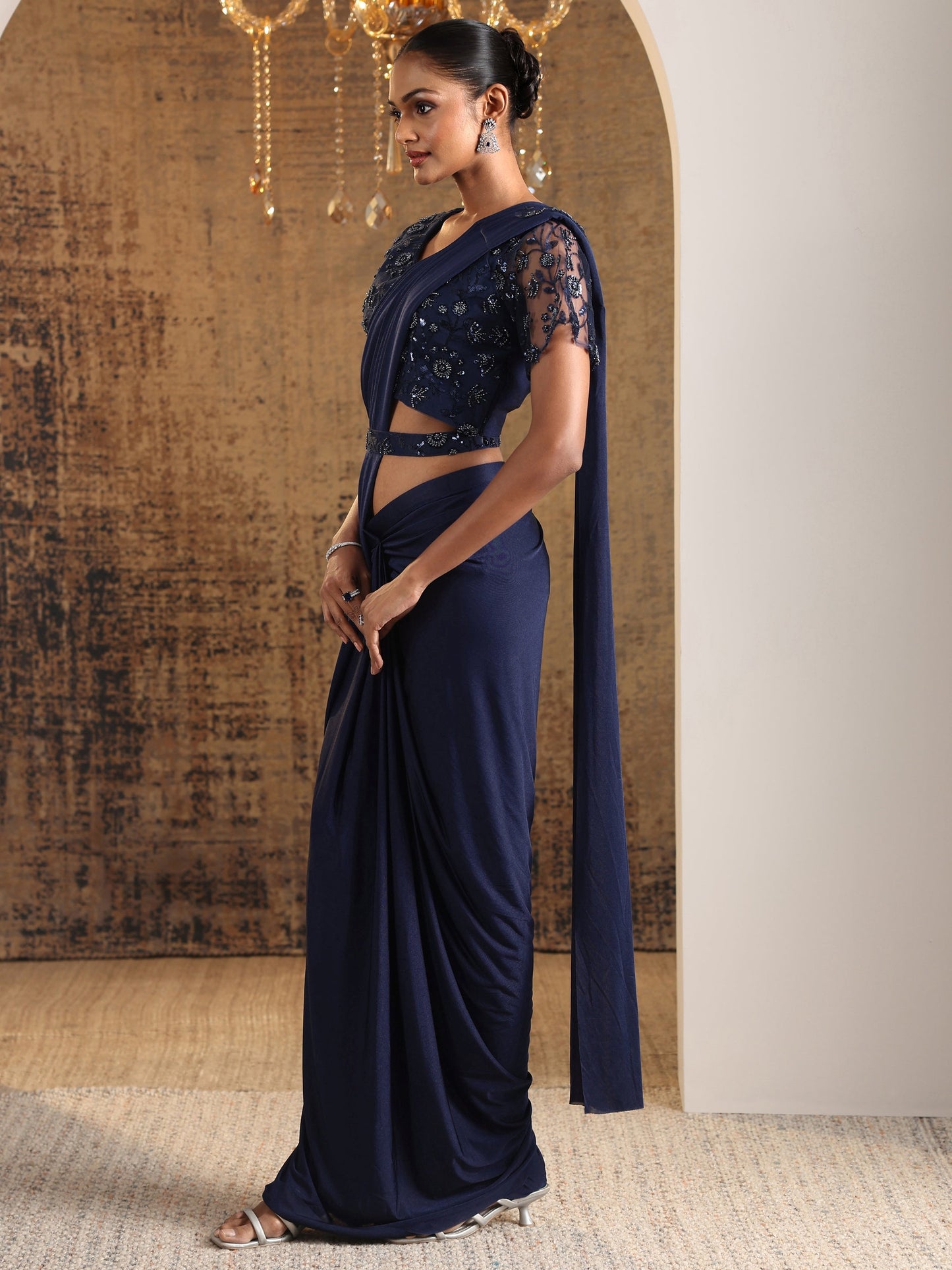Libas Art Navy Blue Embellished Nylon Ready to Wear Saree