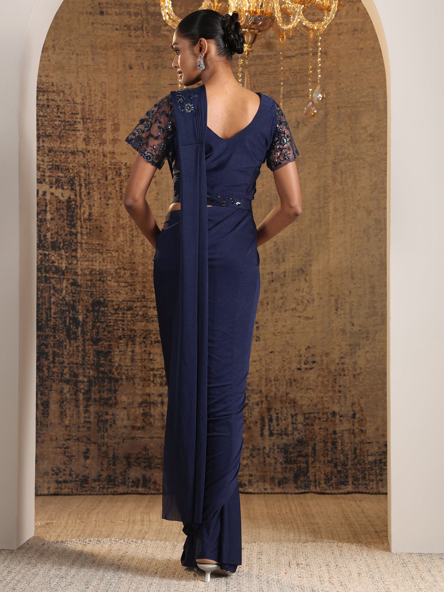 Libas Art Navy Blue Embellished Nylon Ready to Wear Saree