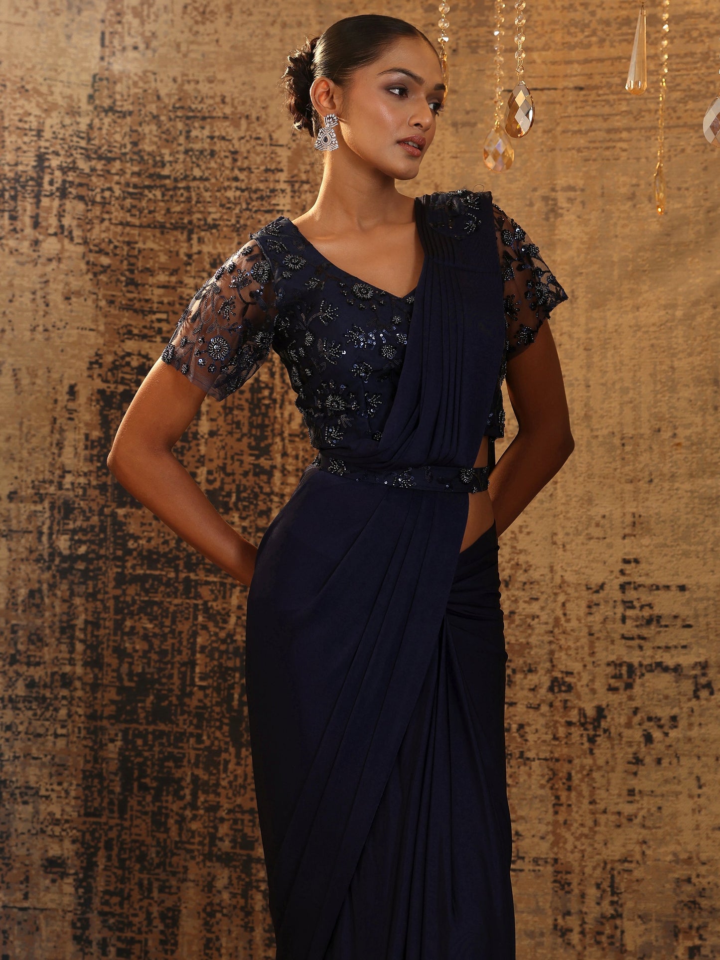 Libas Art Navy Blue Embellished Nylon Ready to Wear Saree