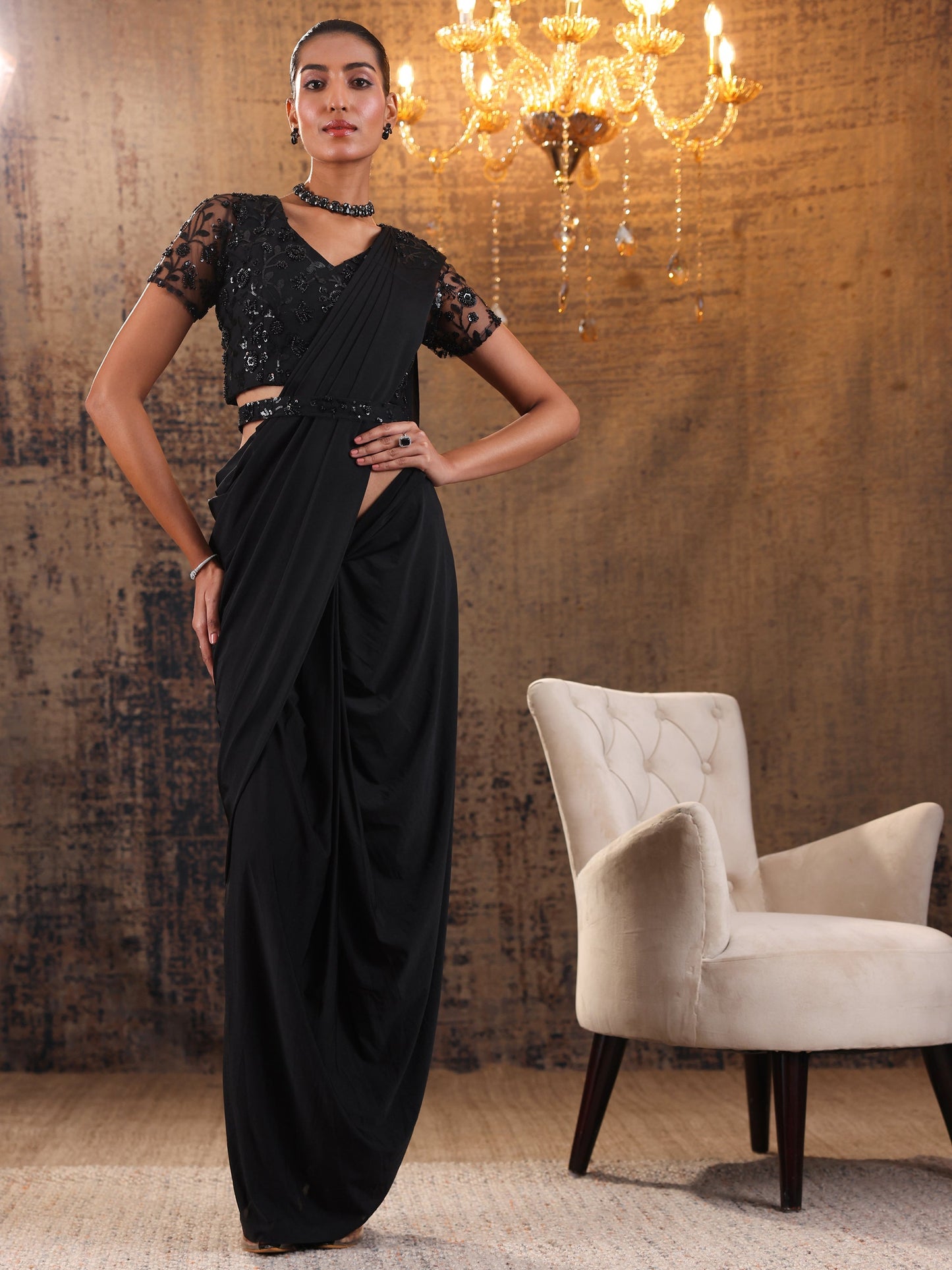 Libas Art Black Solid Nylon Ready to Wear Saree