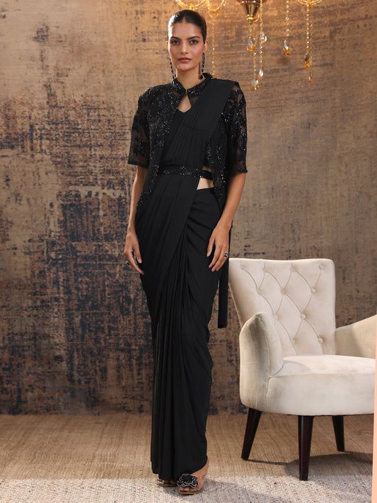 Libas Art Black Embellished Nylon Ready to Wear Saree