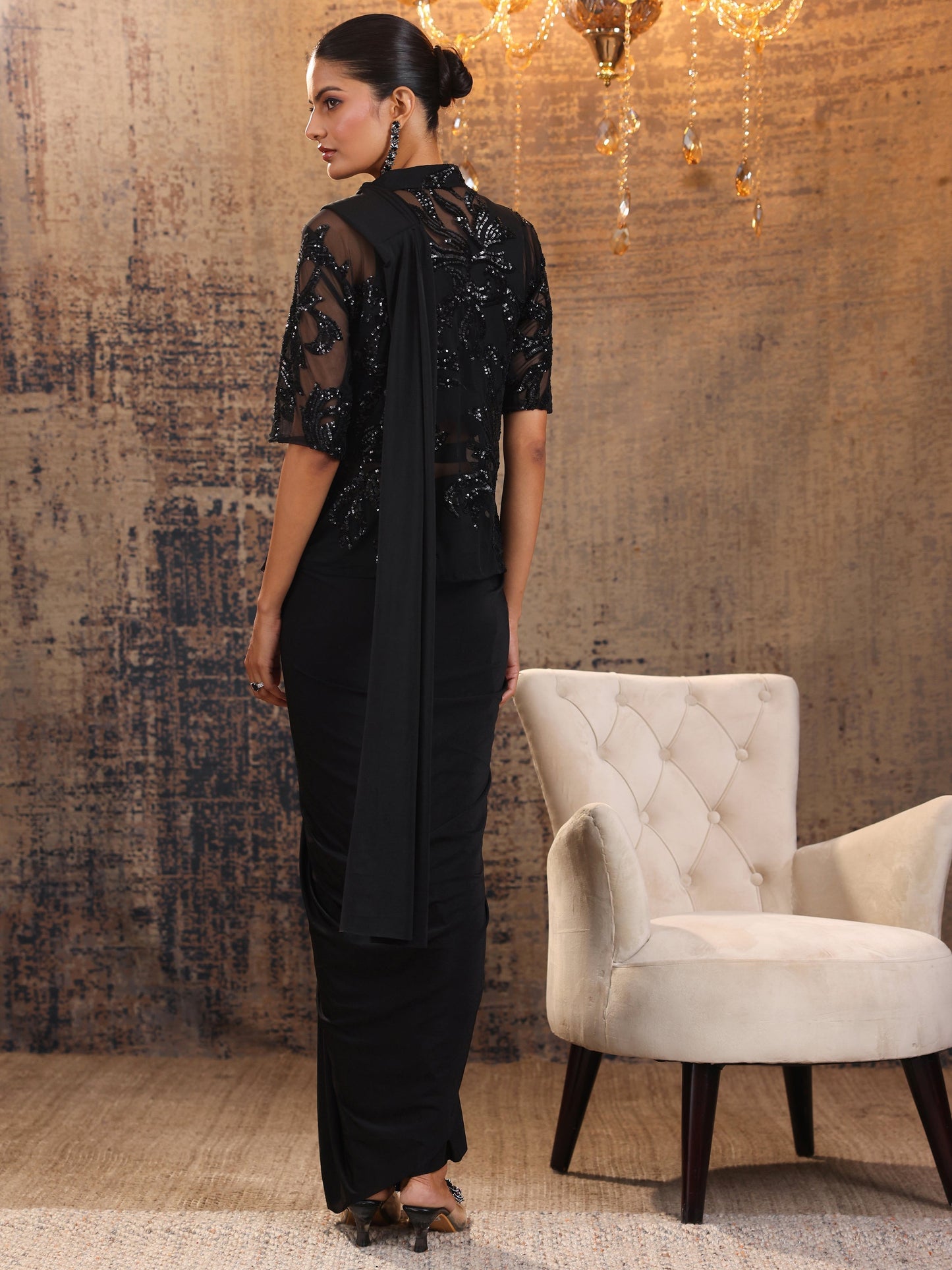 Libas Art Black Embellished Nylon Ready to Wear Saree