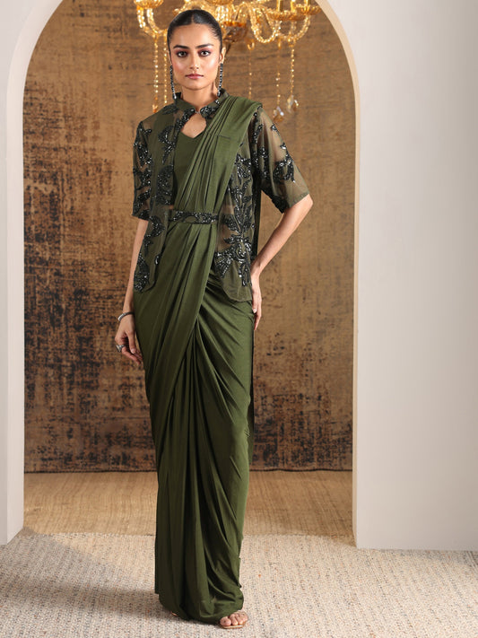 Libas Art Olive Solid Nylon Ready to Wear Saree