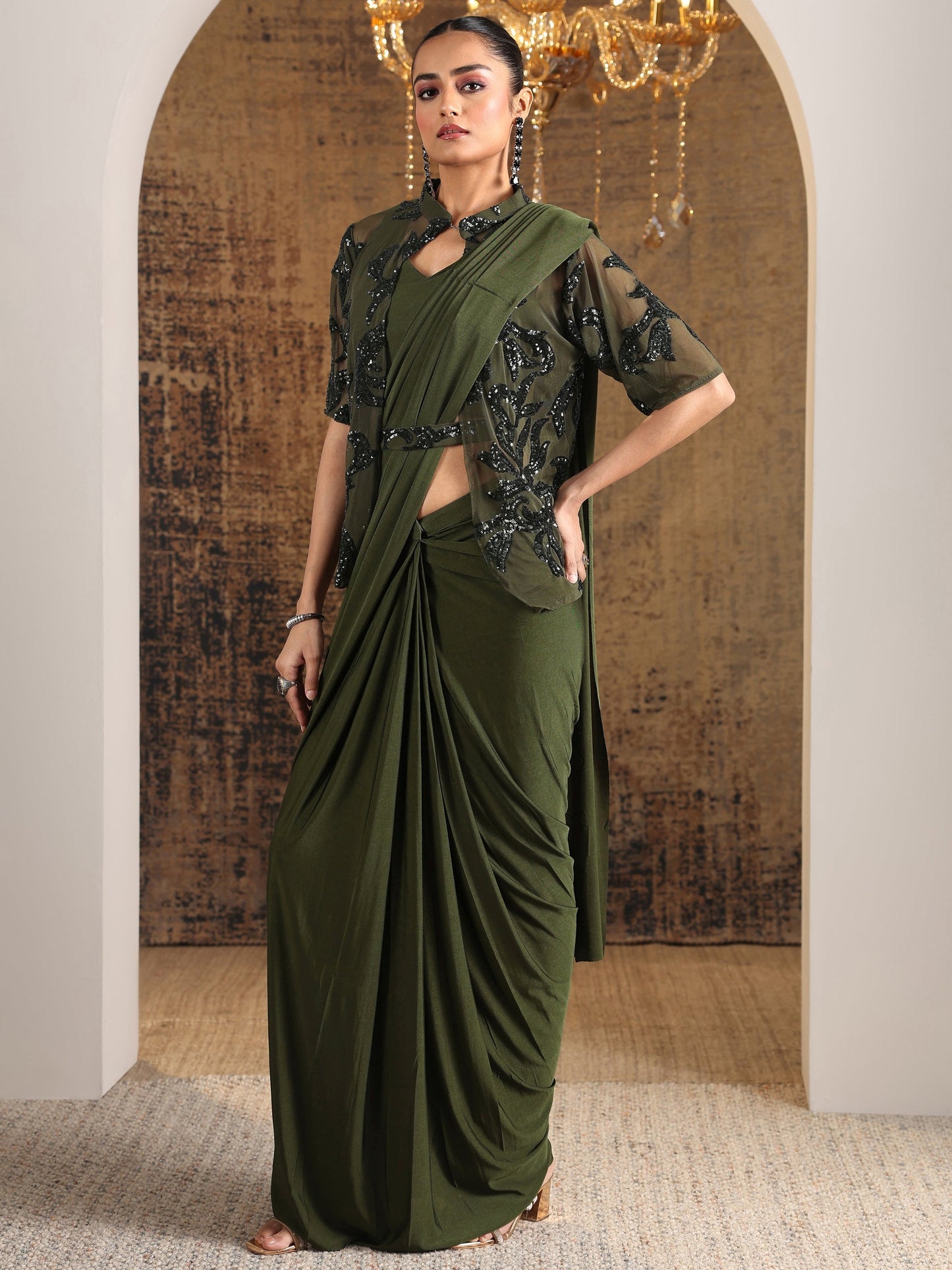 Libas Art Olive Solid Nylon Ready to Wear Saree