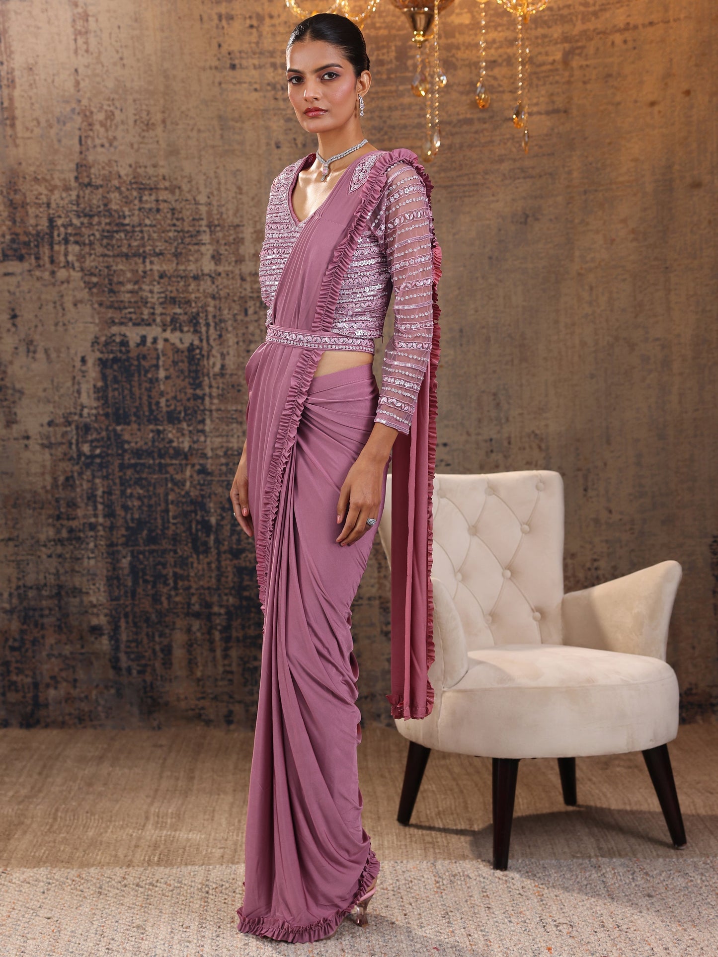 Libas Art Peach Solid Nylon Ready to Wear Saree